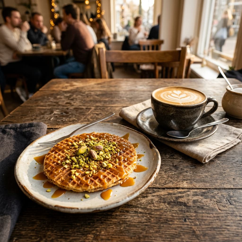 Fresh stroopwafel with caramel and pistachio at The Stroopist Amsterdam