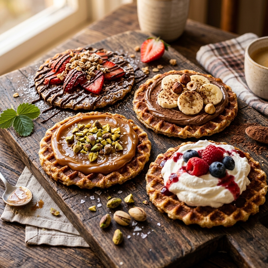 Assorted stroopwafels with creative toppings — chocolate, caramel, pistachio and berries